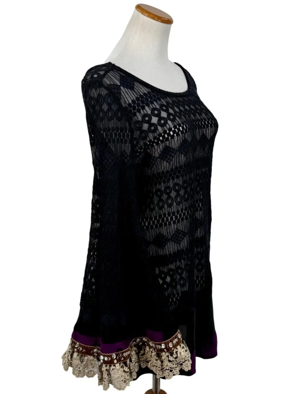 RARE Free People Black Lace Tie Dyed Velvet Sequin Bell Sleeve Tunic Mini Dress